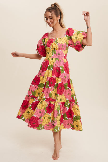 Flower Print Puff Sleeve Tiered Midi Dress