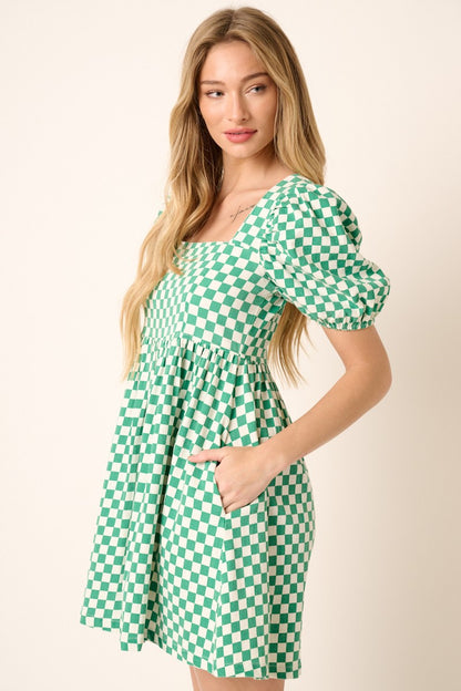 Checkered Print Puff Sleeve Babydoll Mini Dress