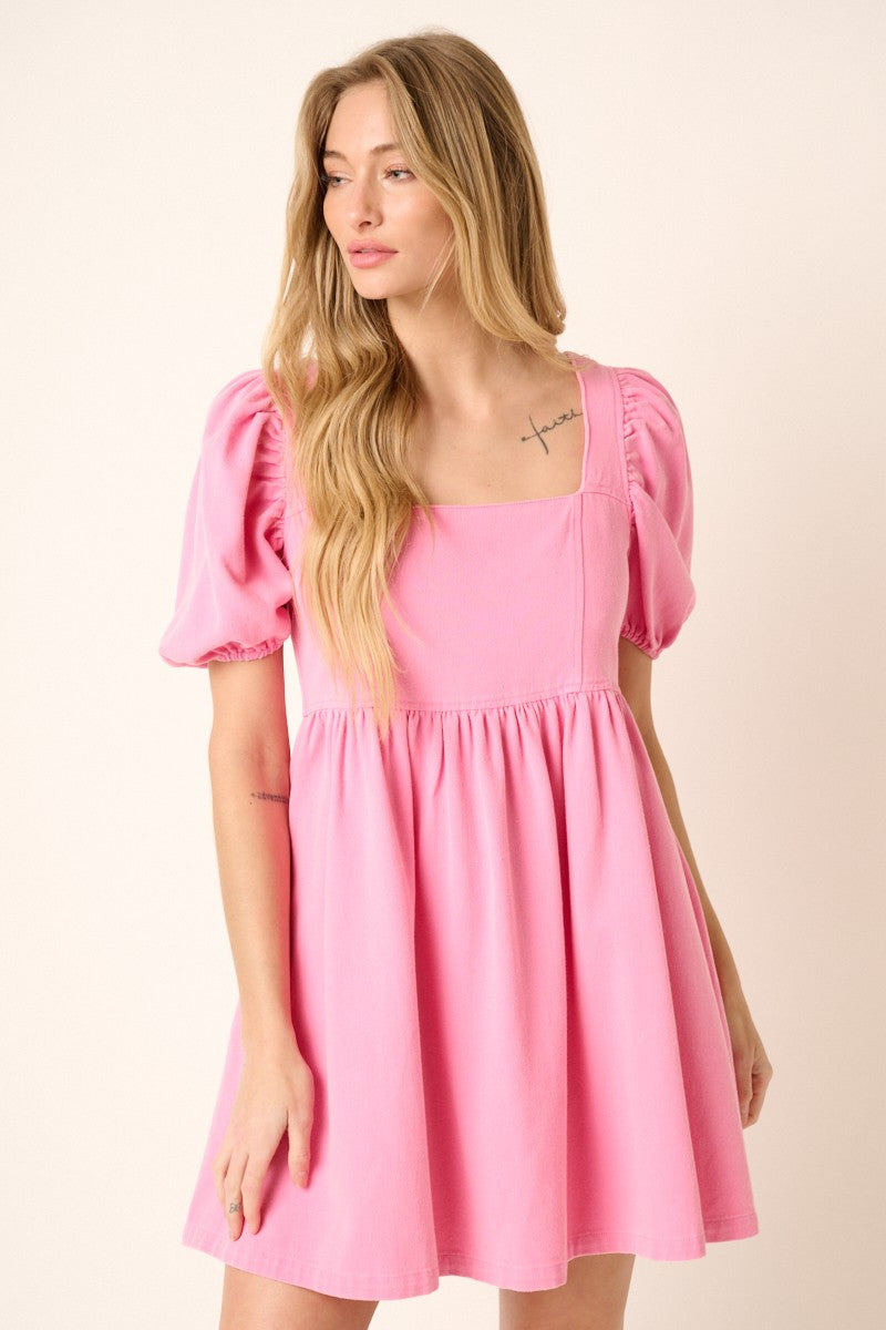 Washed Denim Puff Sleeve Babydoll Mini Dress
