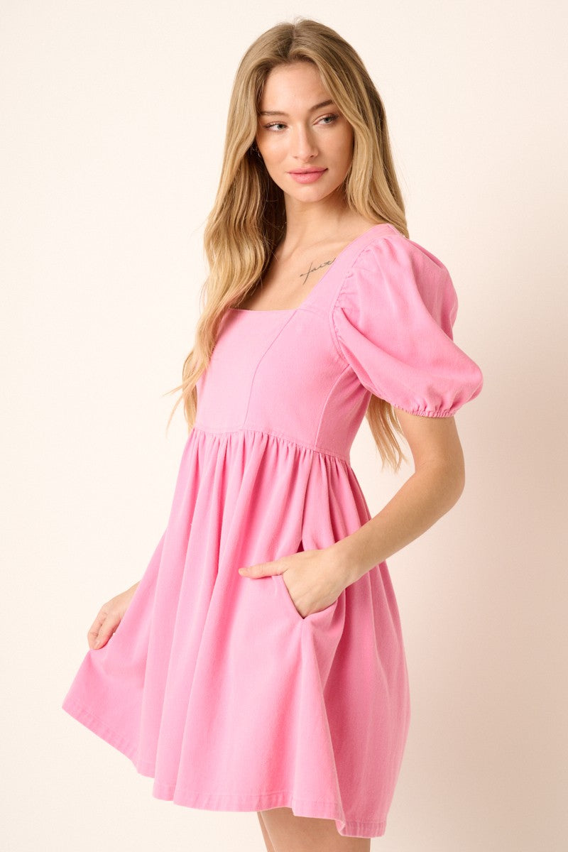 Washed Denim Puff Sleeve Babydoll Mini Dress