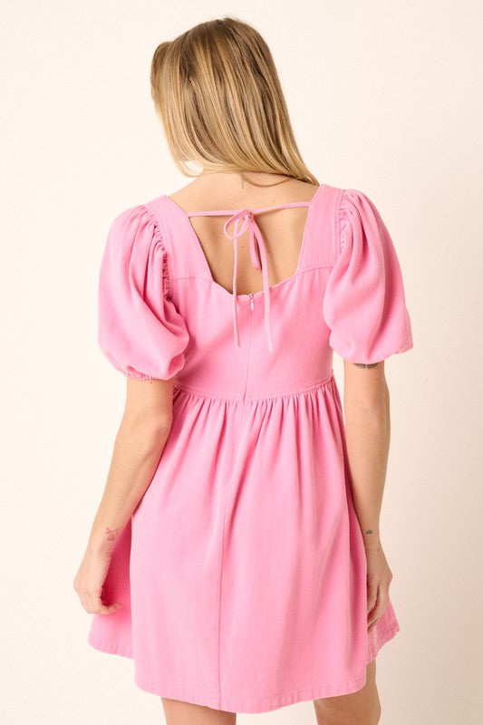 Washed Denim Puff Sleeve Babydoll Mini Dress