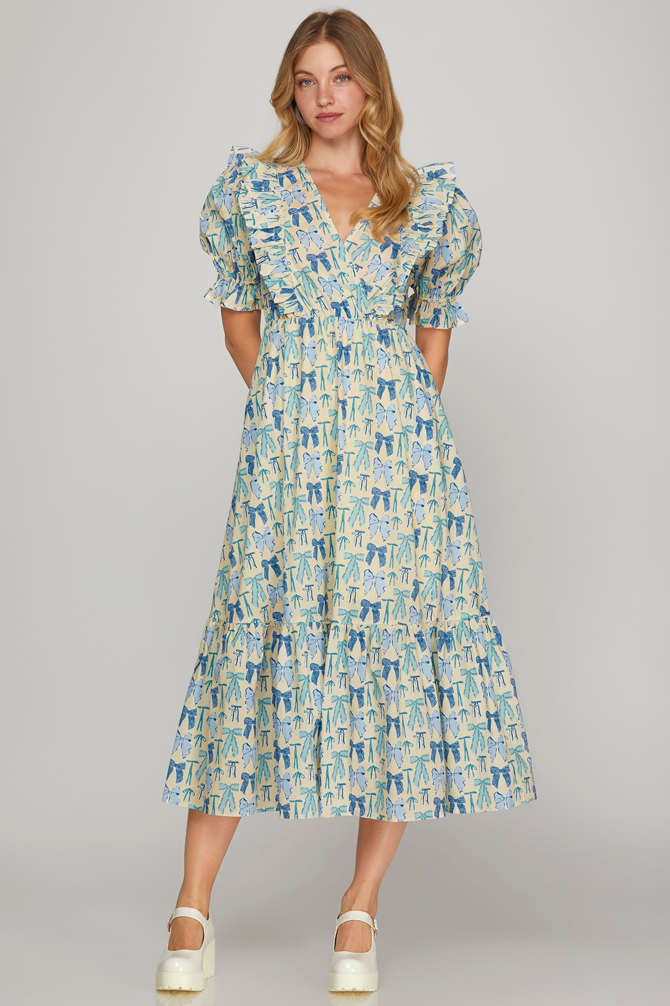 Blue Bow Printed Ruffle Midi Dress