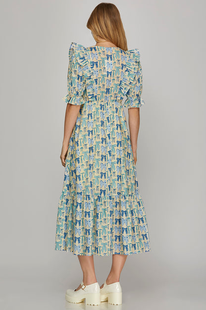 Blue Bow Printed Ruffle Midi Dress