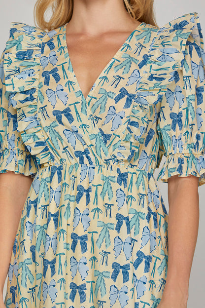 Blue Bow Printed Ruffle Midi Dress