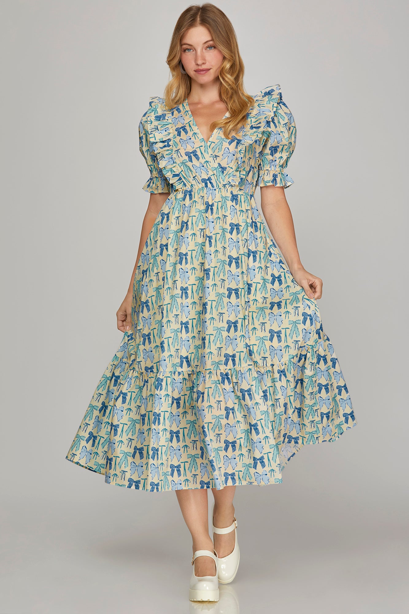 Blue Bow Printed Ruffle Midi Dress