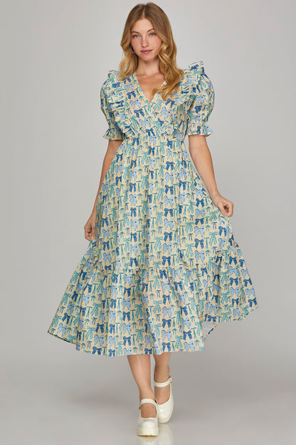 Blue Bow Printed Ruffle Midi Dress