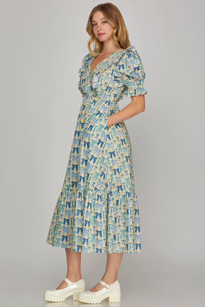 Blue Bow Printed Ruffle Midi Dress