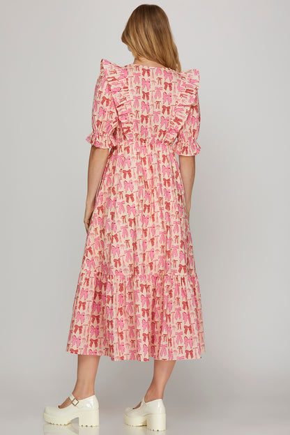 Blue Bow Printed Ruffle Midi Dress