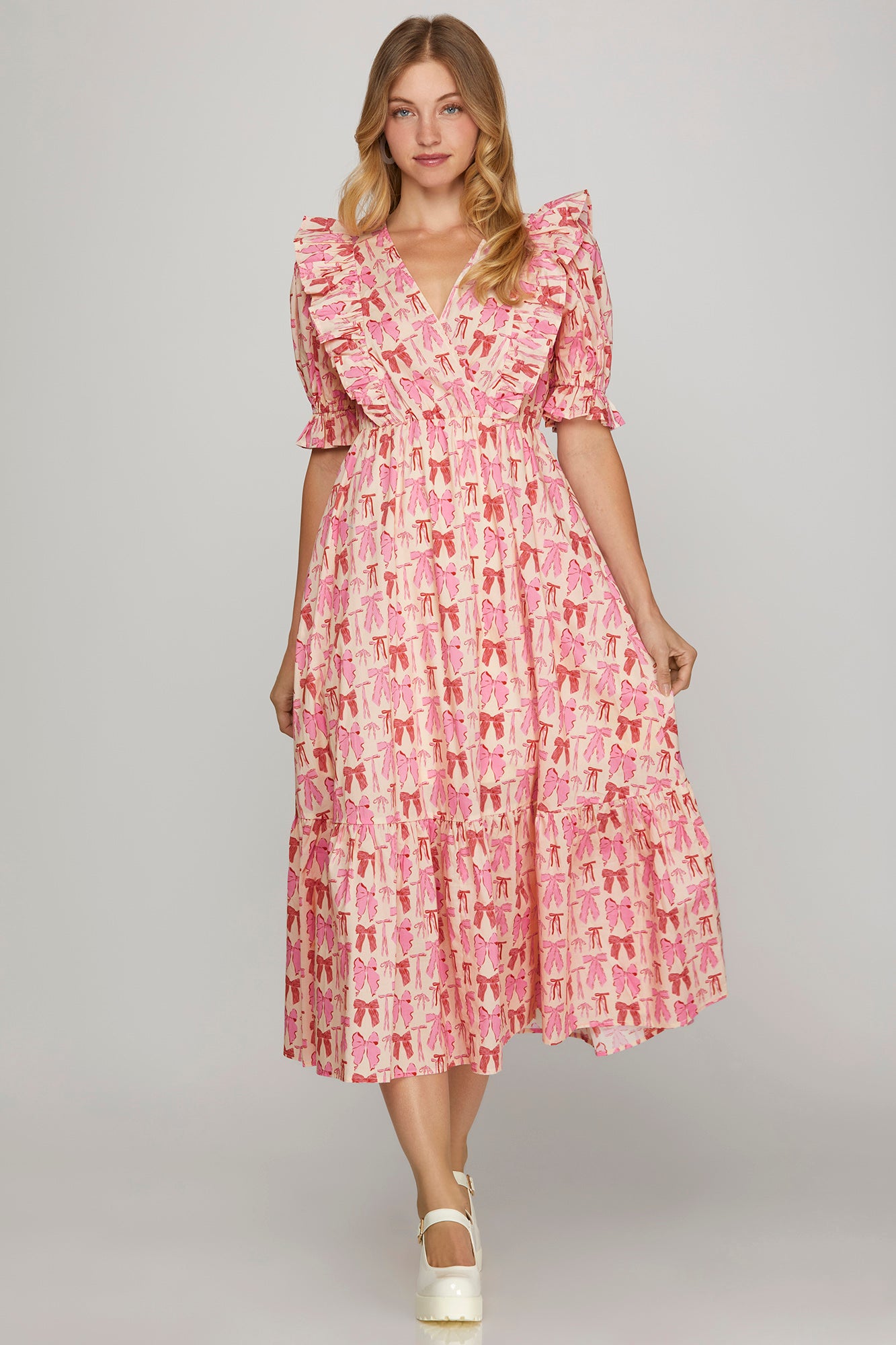 Blue Bow Printed Ruffle Midi Dress