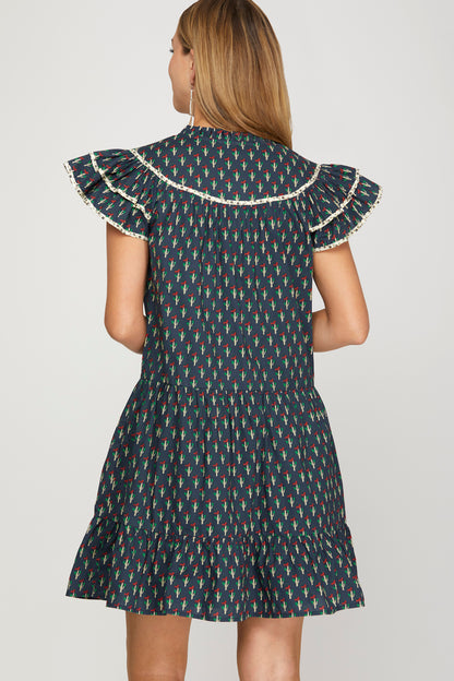 Floral Print Ruffle Sleeve Mini Dress