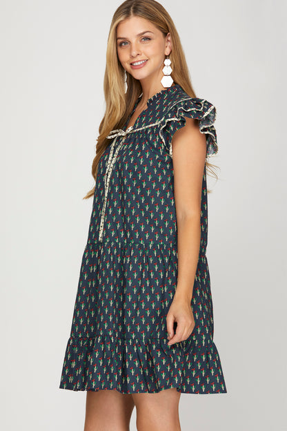 Floral Print Ruffle Sleeve Mini Dress