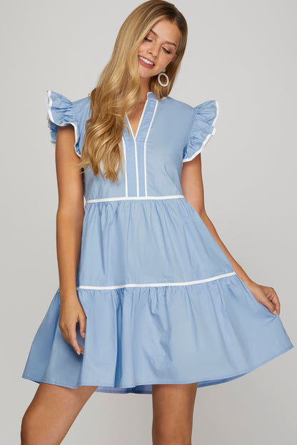 Ruffle Sleeve Tired Dress With Contrast Piping