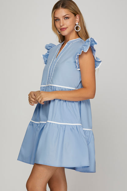 Ruffle Sleeve Tired Dress With Contrast Piping