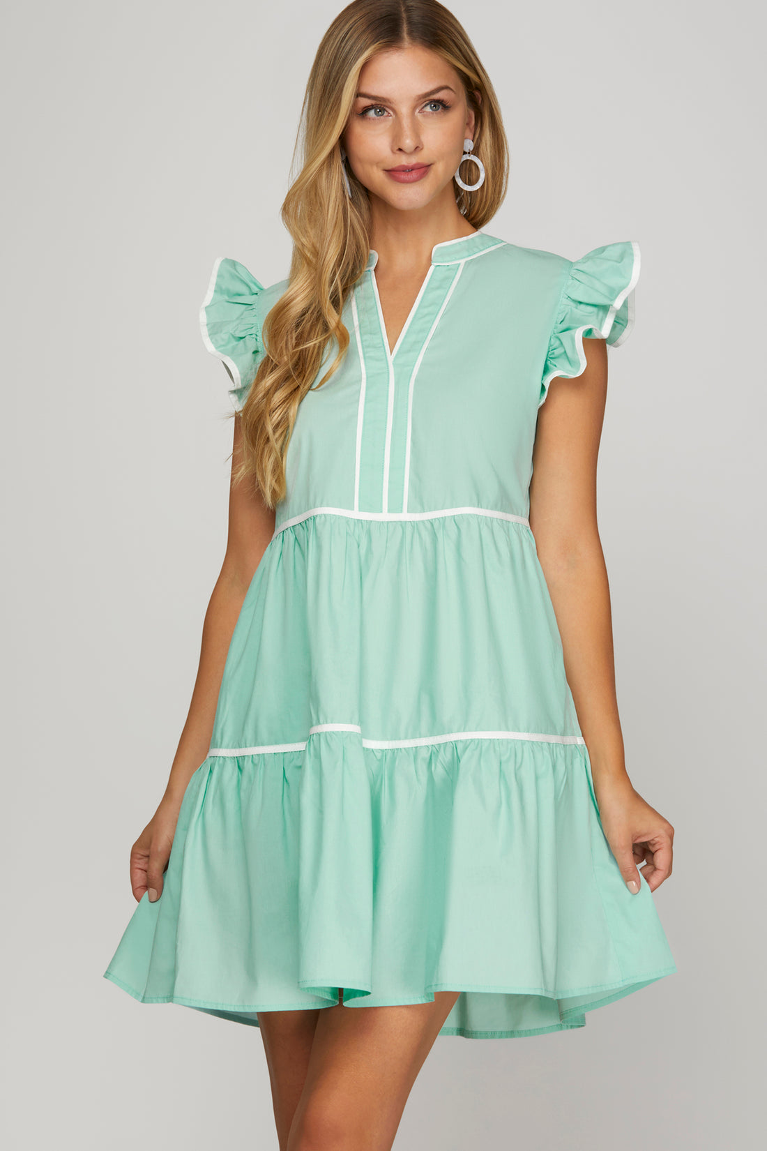 Ruffle Sleeve Tired Dress With Contrast Piping