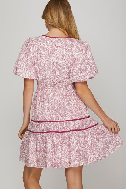 Puff Sleeve Elastic Waist Woven Print Tiered Dress