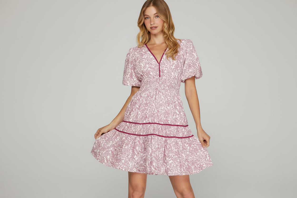Puff Sleeve Elastic Waist Woven Print Tiered Dress
