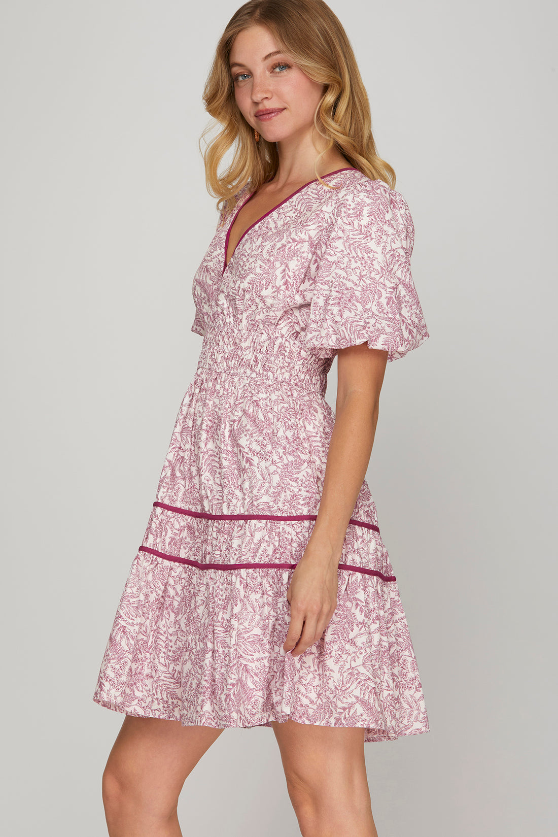 Puff Sleeve Elastic Waist Woven Print Tiered Dress