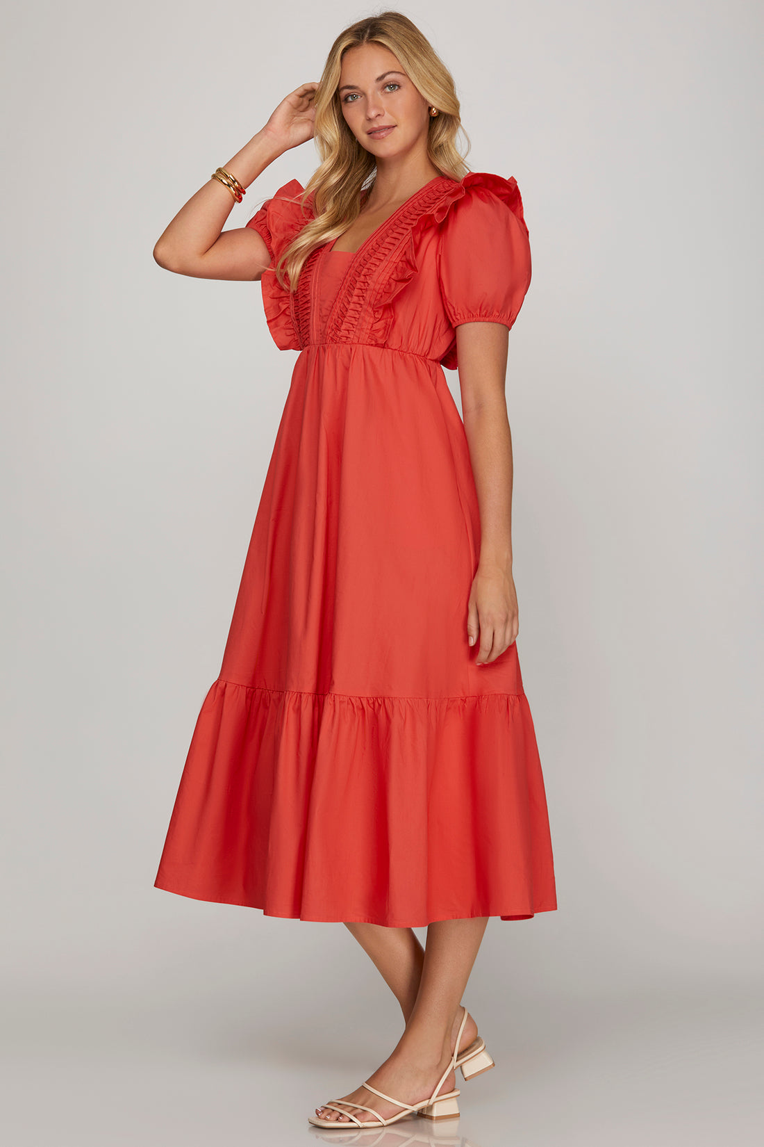 Short Sleeve Pintuck Detail Midi Dress