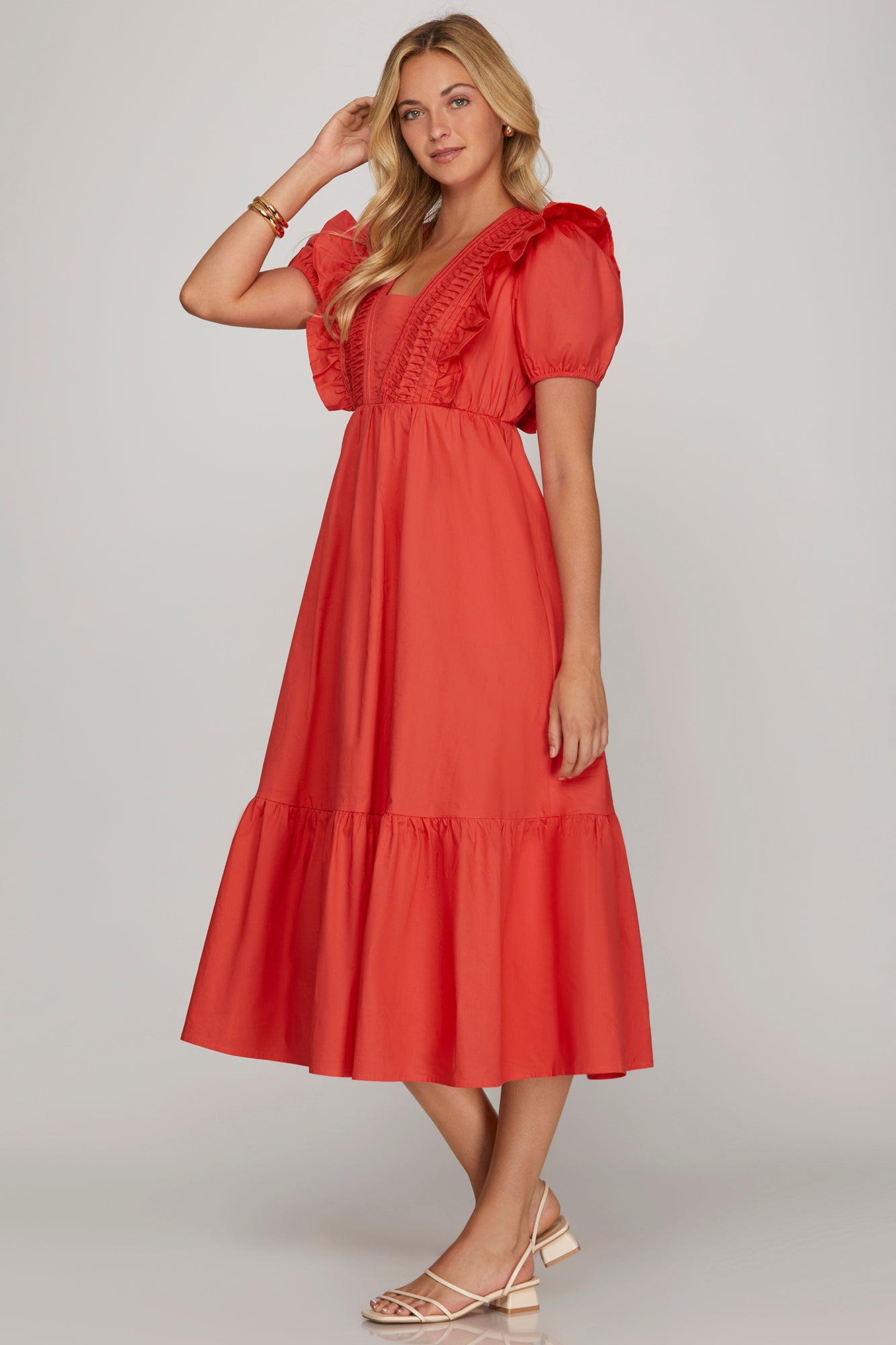 Short Sleeve Pintuck Detail Midi Dress