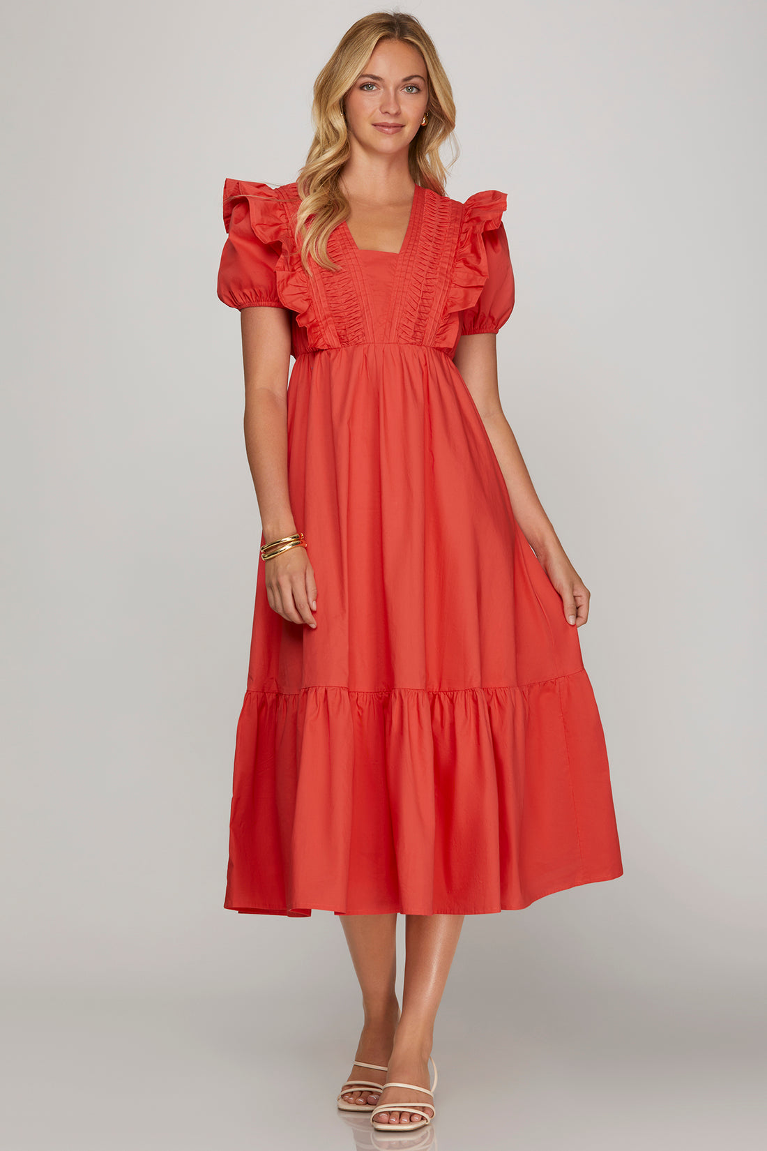 Short Sleeve Pintuck Detail Midi Dress